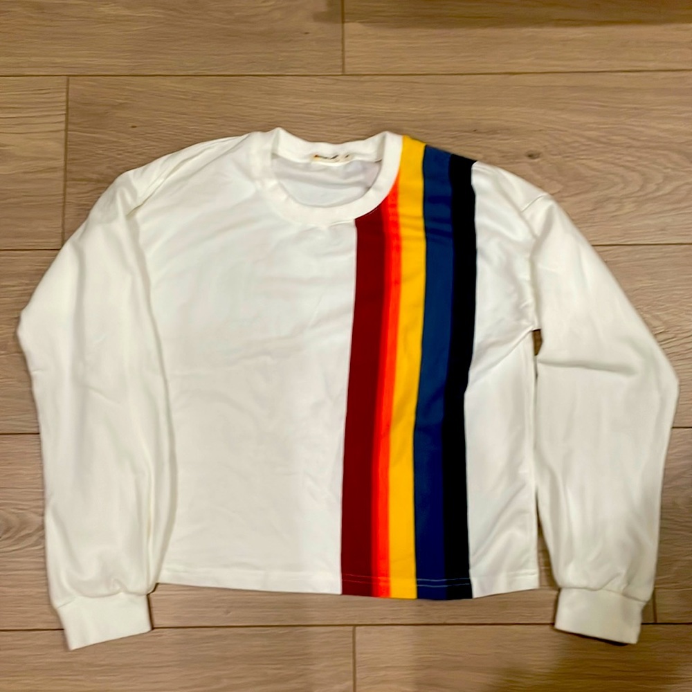 NWOT. Tate Crop Sweatshirt in White Multi Stripe